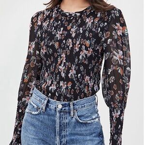 Veronica Beard Faire Chiffon Bishop-Sleeve Smocked Floral Print Top Size 6